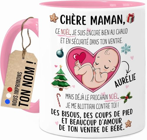 Tassenliebling Cupdarling® Mug Future Maman Personnalisé - Chère Mamie Ce Noël Je Suis Encore Dans Le Ventre De Maman - Tasse Cadeau Noël - 330 mL Céramique - Rosa