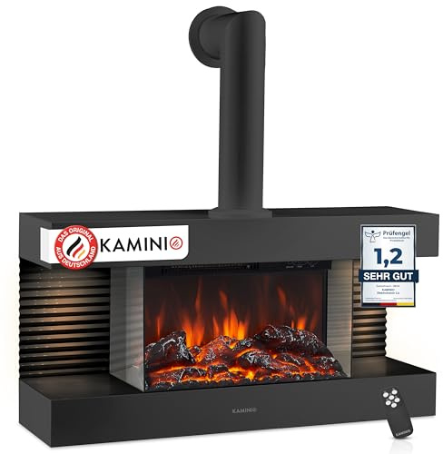 KAMINIO Chimenea eléctrica Liz con Tubo de Chimenea - Chimenea de Pared con calefacción, Efecto de Llama 3D, Luz Ambiental LED, Control Remoto (Negro)
