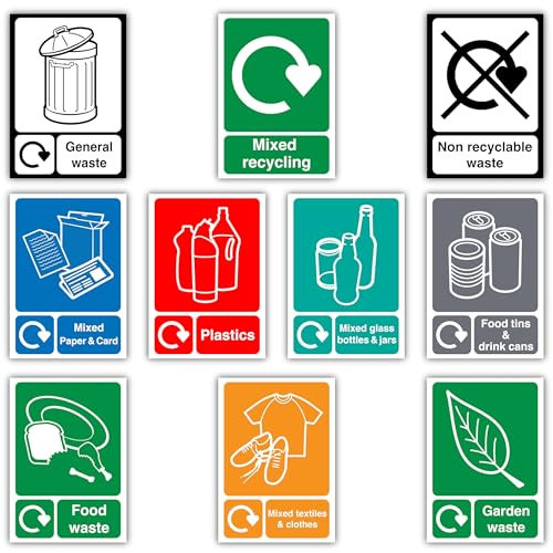 10PCS Mixed Recycling, Paper & Card, Plastics, Glass Bottles & Jars, General, Food, Garden, Non Recyclable Waste, Food Tins & Cans, Textiles & Clothes Bins Signs Polypropylene Stickers (105mm x 148mm)