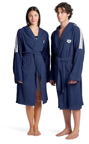 ARENA Team Stripe Unisex Bathrobe with Tie Belt and Pockets Soft Warm Robe for Pool Sauna Spa or Post Workout Comfort, Navy/White, Size Large