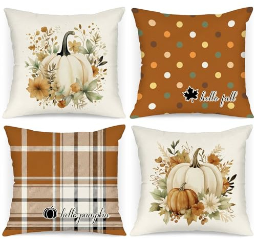Benjia Lot de 4 pièces Housses de Coussin Déco Automne 45x45 cm, Aquarelle Citrouille Point de Cercle à Carreaux Thanksgiving La taie d'oreiller de 45 x 45 cm d'oreiller pour la décoration intérieure