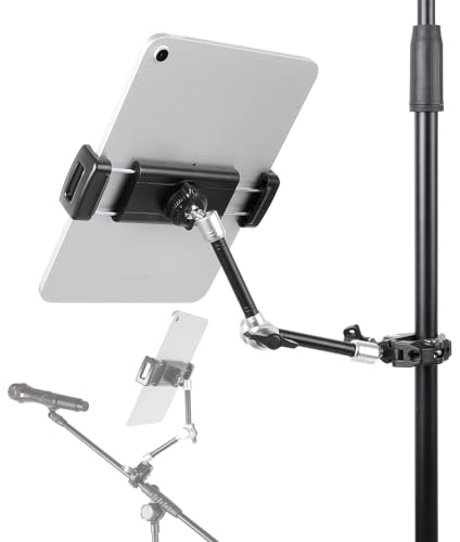 FPN Tablet Holder for Microphone Stand, Mic Music Stand Tablet Holder for iPad, Multi Angle Adjustable 10 Long Magic Arm & Super Clamp Mount, Compatible with 4.7 to 13 inch Tablets & Smartphones