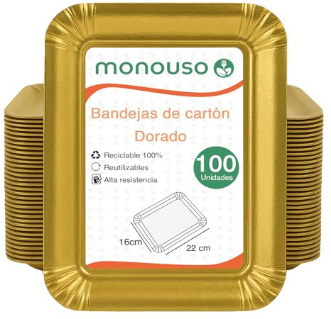 Monouso | 100 Bandeja de Cartón Dorada 16×22 cm | Rectangular Compacta | Resistente al Aceite y Calor | Ideal para Degustaciones y Catering | Pack de 100 Unidades