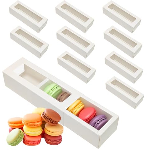 Laurraine 10er-Set Macaron Box (20.5x7.1x5.2cm) - Weiße Cupcake Verpackung mit Sichtfenster | Lebensmittelechte Donut, Muffin & Keks-Schachtel | Transparente Geschenkbox für Hobbybäcker & Haushalte