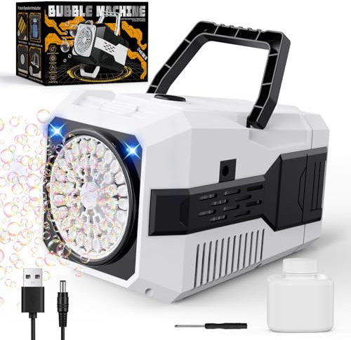 Machine à Bulles Professionnelle Automatique, 15 000 Bulles/Min, 2 Modes Enfant/Fête, Lumières LED & Rechargeable USB, Portable et Anti-Fuite, Jouet à Bulles pour Cadeau/Anniversaire/Mariage/Extérieur