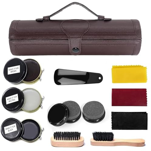 Geichan 12pcs Shoe Polish Kit Cleaning Shine Care Barrel Set,Leather Shoe Shine Kit with Brown Wax,Luxury Premium Soft Horsehair Bristle Dauber, Wooden Applicator, Shine Cloth & Shoehorn
