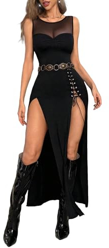GothDark Womens Sexy Bodycon High Slit Mesh Gothic Y2K Party Midi Outfit | Soft Stretchy, High Waist, Date Night, Birthday, Cocktail, Night Out, Going Out, Prom, Sexy Vintage Halloween Dress