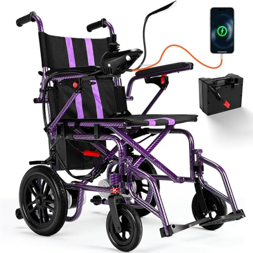 Lightweight Electric Wheelchair for Adults, Foldable Wheelchair for Adults,360W Dual Motor Motorized Wheelchair with 15 Miles Long Travel Range, Maximum Speed 6KM/H, Support 286 lbs (Purple)