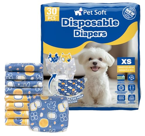 Pet Soft Pañales Perro Hembra, 30 Unidades de Pañales Desechables para Perros Hembra,Talla XS, Superabsorbentes, con indicador de Humedad