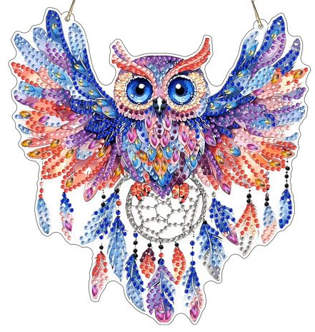 KEYIFA 5D Eule Traumfänger Diamond Painting Fensterbilder Erwachsene, DIY Diamond Painting Beidseitig Anhänger, Hängende Art Window Pictures Kit für Wohndeko Gift 20x20cm