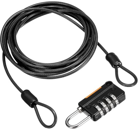 sourcing map Security Steel Cable 4Digit Combination Lock,6.6Ft Black Rope | Coated Safety Wire Double Loop Padlock Luggage Lock for Outdoor Travel (200cm)