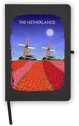 Niederlande Holland Windmühlen Tulpen Notizbuch, Blanko-Seiten, Kunstledereinband, Planer, Tagebuch, Arbeitsbuch