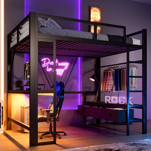 Biqzuya - Cama entrepiso de metal (140 x 200 cm, con USB y LED, cama infantil con escritorio, vestidor abierto y 3 cajones de almacenamiento, litera para adultos, espacio de juego y almacenamiento