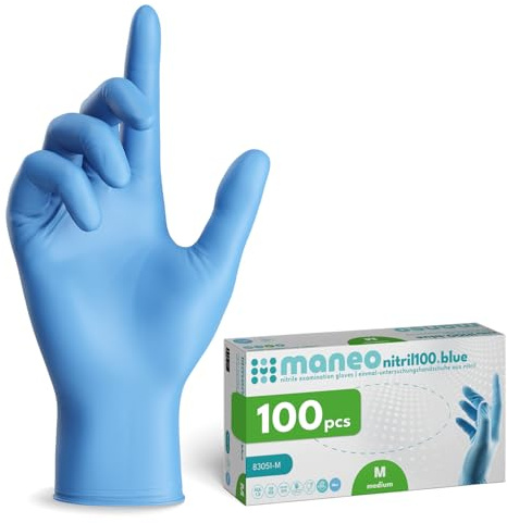 maneo 100x Einweghandschuhe Blau, Nitril Handschuhe puderfrei M | Einmalhandschuhe, Handschuhe Einweg, latexfreie Gummihandschuhe, Nitrilhandschuhe, Putz-, Koch- & Haushalts-Handschuhe
