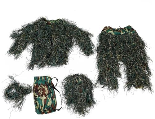 Jorzer Ghillie Suit per Bambini 5 in 1 Tuta Mimetica 3D Traspirante Abbigliamento da Caccia Inclusa Giacca Pantaloni Cappuccio Borsa per Il Trasporto Ghillie per Bambini per Uomo