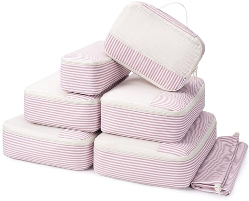 Narwey 7 set packkuber för resväskor och ryggsäck, randig resväska organiseringsväskor resepackkuber skoväska för handbagage rese väsentligheter tillbehör (dammig rosa randig)