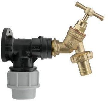 32mm MDPE Wall Flange and Brass Garden Tap Kit - 3/4 Inch BSP Connection with Hose Barb Outlet - MDPE Compression Outdoor Water Fitting for Irrigation, Garden Tap, Water Supply and Plumbing