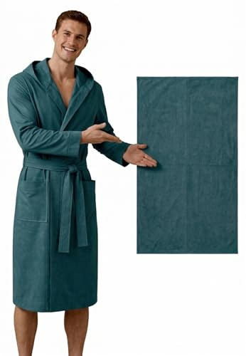NARCISO - Accappatoio in Microfibra con Cappuccio + OMAGGIO ASCIUGAMANO , Unisex, Asciugatura Rapida, Tasche e Cintura, Omaggio telo, per Piscina e Sport (IT, Testo, L, Regular, Regular, Petrolio)