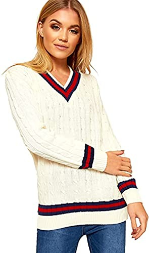 New Ladies V Neck Cable Knitted Cricket Jumper Womens Stretch Long Sleeve Stripe Top Cream Size 12 – 14