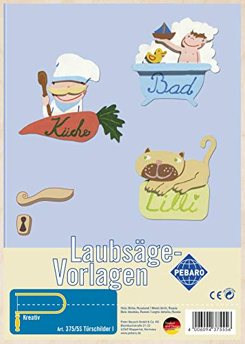 Pebaro 375/5S Laubsägevorlage Türschilder I, Bad Küche Kinderzimmer etc, 3mm Sperrholz DIN A 4, Motiv vorgedruckt, aussägen mit Laubsägebogen, basteln, anmalen, fertig, Basteln mit Holz, Geschenkidee