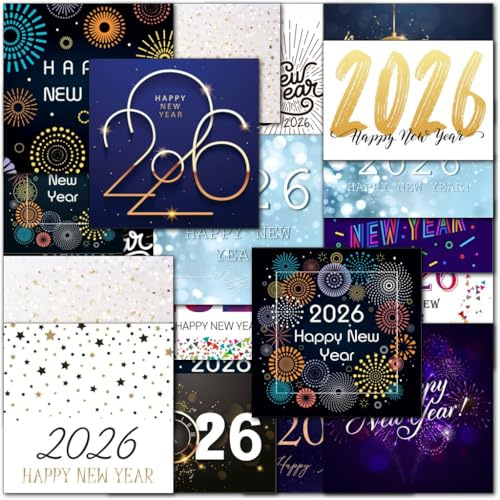 doodlecards Pack 20x Mixed Happy New Year Cards. Multipack Hogmanay 2026 New Years Eve cards with Envelopes. 100% Recyclable. Made in the UK.
