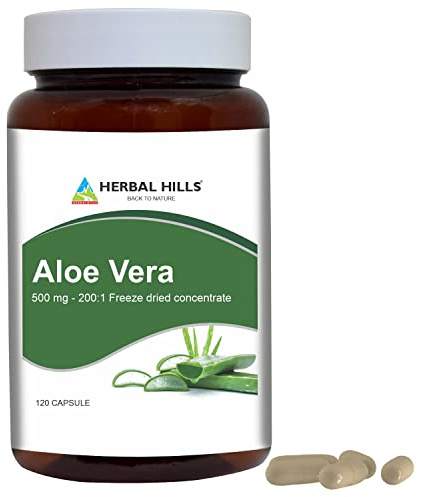 HERBAL HILLS Aloe Vera Capsules (Aloe barbadensis) | 120 Capsules (500 mg) | Pure Aloe Freeze Dried Powder Supplement, High Concentration, Supports Overall Well-Being