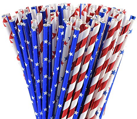 ALINK American Flag Red Blue White Paper Straws, 100 Straws for Memorial Day /4th of July, Super Bowl, Patriotic Party, Americana Themed Party Celebration