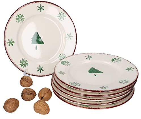 MamboCat - Set di 6 piatti da dessert con fiocchi di neve e albero di Natale, per 6 persone, per biscotti, tacchetti, Natale, X-Mas, piatti, in porcellana, lavabili in lavastoviglie