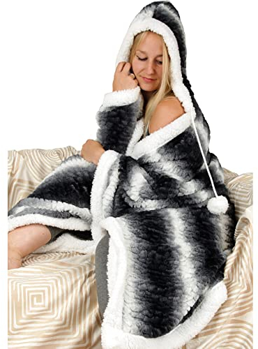 Bestlivings Kuscheldecke mit Kapuze 130 x 180 cm in Schwarz für Kinder und Erwachsene, TV-Decke, Sherpa Decke in Felloptik