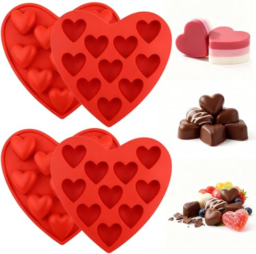 Boao 4 Pack Heart Silicone Molds Valentine's Day for Baking 1.2inch Heart Molds 40 Cavities Suitable for Chocolate Cake Jelly Pudding Handmade Soap Mould Candy Making(Red)
