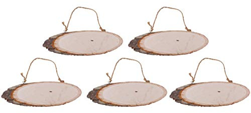 POFET 5 Stück ovale natürliche hängende Holzscheiben Baumrinde Holzstücke große Plaketten für handgemachte Namensschild Hochzeitsdekoration