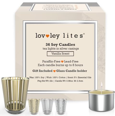 Lovley Lites Soy Tealight Candles Vanilla - 36 Premium Long Burning Tea Lights, 1 Inch Tall Vanilla Scented Soy Wax Candles with Glass Candle Holder