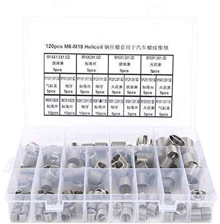 Hélicoils 120 pièces, M6 M7 M8 M9 M10 M11 M12 M14 M16 M18 Type d'hélicoil en acier inoxydable Filetage de fil de course libre Kit d'insertion de réparation de filetage métrique