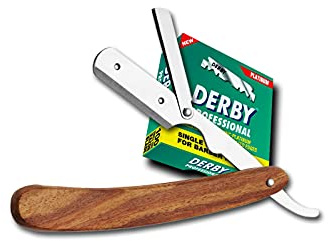 Shah Traders Razor, Wood + 100 Half Derby Interchangeable Blades + Leather Pocuh for Men, Men’s Razor set for Barber and hair dresser