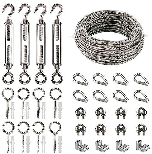 Drahtseil Edelstahl Set, 20M Kletterhilfe Stahlseil mit Spannschlöss Seilspanner M5 Haken+Öse, Ösenschraube, Drahtseilklemmen,Seilkauschen,Alu Seilklemmen,Rankhilfe aus Edelstahl für Kletterpflanzen