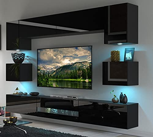 Furnitech Wohnwand Wohnzimmer - Wohnzimmer Möbel mit LED RGB - 16 Farben - Hängend Wohnwand Modern - Wohnzimmer Schrankwand mit Regale und TV Schrank (Besta DAN1-17B-HG20 1B)