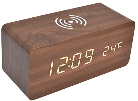 Reveil Bois, Réveil Dynamo avec Chargeur Induction Reveil Chargeur Induction Horloge Bureau Réveil numérique pour chambre à coucher, bureau à domicile (6.3 x 2.8 x 2.7in-Rouge)
