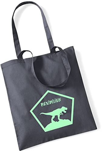 Stofftasche Dinosaurier T-Rex personalisiert | mit Namen bedruckter Jutebeutel Stoffbeutel für Jungen | Dino-Design Kinder-Tasche Schule, KiTa