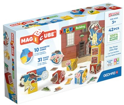 Geomag, Magicube Story Building Three Little Pigs, Magnetische Spiele für Kinder ab 3 Jahren, Magnetisches Theater, 42-teilige Packung, 100% Recycling-Kunststoff