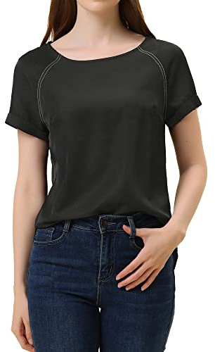 Allegra K Women's Chambray Side Slit Raglan Short Sleeve Top Black L