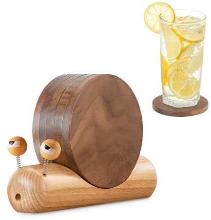 Wooden Coasters for Drinks-Natural Acacia Wood Drink Coaster with Magnetic for Coffee Table,Fun Cute Coasters with Holder for Modern Home Decor-Set of 5