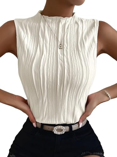 Verdusa Women's Sleeveless Mock Neck Textured Tank Top Corporate Business Office Outfits Trendy Beige Medium