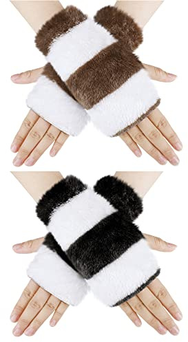 SATINIOR 2 Paar Daumenloch Fingerlose Handschuhe Kinder Winter Daumenloch Handgelenk Fingerlose Frauen Armstulpen Pelzhandschuhe, Schwarz Weiß, Braun Weiß, ca. 18 cm