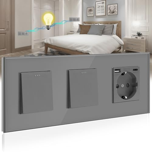 BSEED Doble Interruptor de pared con Enchufe Gris,1 Gang 2 Vías Interruptor conmutador+16A Schuko Enchufe con 1 Puerto Tipo C y 1 Puertos USB,10A Interruptor de luz de botón pulsador