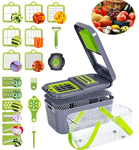 SHANNA Picador de verduras, picador multifuncional 22 en 1 con 13 cuchillas, picador de cebolla profesional, cortador de verduras de cocina