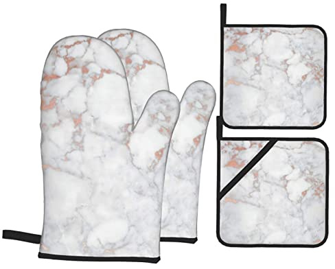 Ofenhandschuhe und Topflappen Grillhandschuhe aus weißem Marmor, Roségold, wasserdicht und langlebig, zum Kochen, Backen, Grillen, 4-teiliges Set