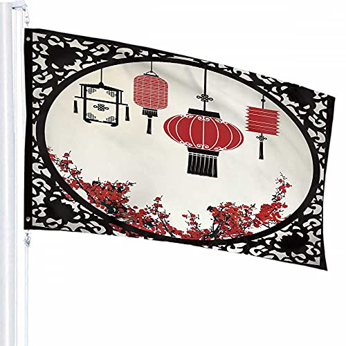Lanterne Chinoise Drapeau Décor 0,9 x 1,5 m Festival Mi Automne Nouvel An Fenêtre Fleur Cerise Culture Polyester Motif Imprimé Décoration Extérieure pour Maisons et Jardins