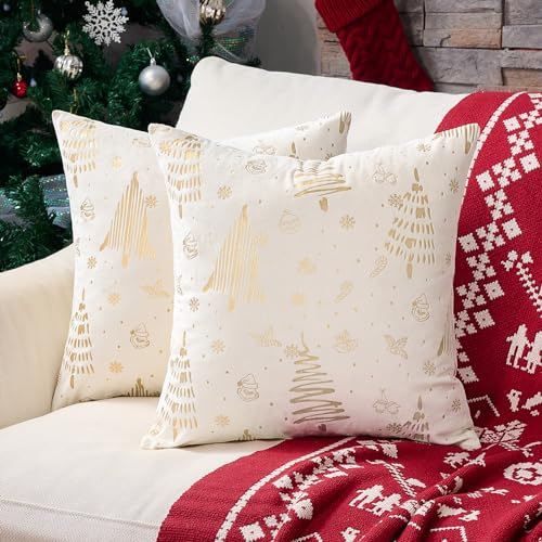 Topfinal Funda de Cojín 40x40 para Decorar el sofá de Patrón Navideño del Cojín de la Sala de Estar, con un Regalo Navideño de Peluche Dorado y Moda Brillante, un Juego de 2 Piezas de Crema