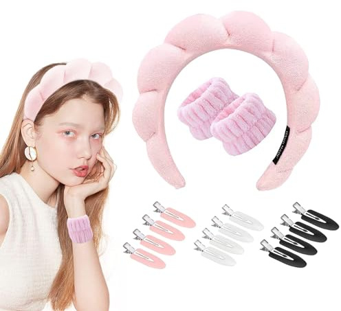 Bracelet Lavage Visagee Set, Serre Tete Cheveux Femme Maquillage Bandeau de Lavage de Visage Doux avec 2 Bracelets de Lavage de Visage et 12 Épingles à Cheveux pour Maquillage Facial Spa Douche