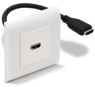 Waytex Wandsteckdose HDMI Typ Mosaic 80 x 80 weiblich, Plastron HDMI 45 x 45 F/F Kabel 20 cm mit Platte und Schraubhalterung, Farbe Weiß